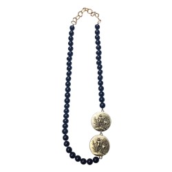 Collier long jade noir 2 medailles ange  vieil or agathe noir