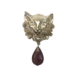 SILVER PLATED FOX WITH STONE BROOCH