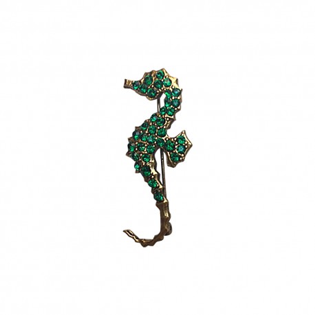 BROCHE HIPPOCAMPE DOREE ET STRASS VERT