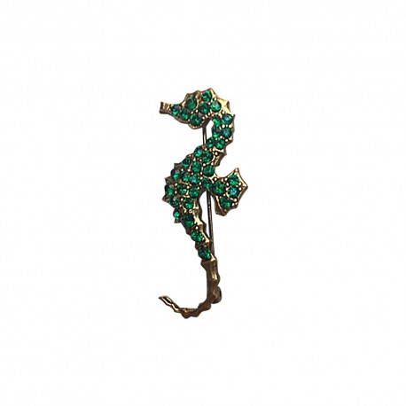 GOLD PLATED SEAHORSE WITH GREEN STRASS BROOCH