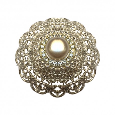 BROCHE FILIGRANE ARGENTEE RANG DE STRASS ET PERLE