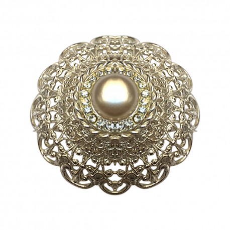 BROCHE FILIGRANE ARGENTEE RANG DE STRASS ET PERLE