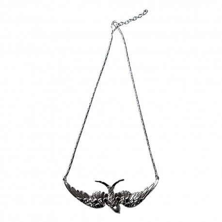 COLLIER GRAND OISEAU ARGENTE STRASS BLANC ET NOIR