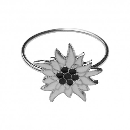 SILVER PLATED FLOWER WITH WHITE AND BLACK LACQUER RING