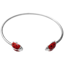 Bracelet jonc coccinelle argenté  email a froid rouge et noir