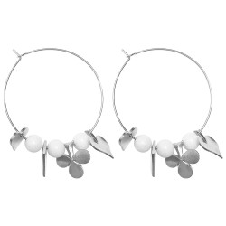 SILVER PLATED CARDS WHITE JADE HOOP EARRINGS