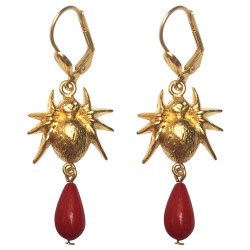 GOLD PLATED SPIDER WITH RED GORGONE EARRINGS