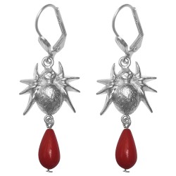 SILVER PLATED SPIDER RED GORGONE EARRINGS