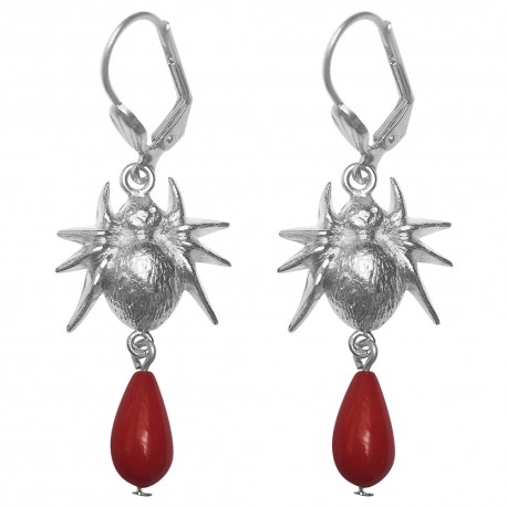 BOUCLES DOREILLES ARAIGNEES ARGENTE GORGONE ROUGE