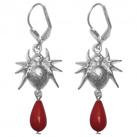 SILVER PLATED SPIDER RED GORGONE EARRINGS