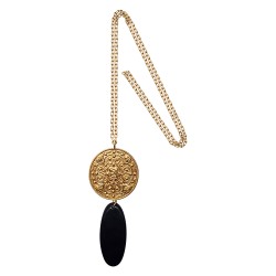 Pendentif talisman dore chaine longue onyx noir