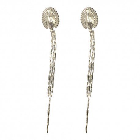 SILVER PLATED PEACOCK STUDS WITH CHAIN EARRINGS