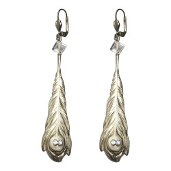 Boucles doreilles plumes cristal de roche dorees strass blanc