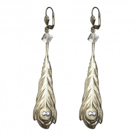 BOUCLES DOREILLES PLUMES CRISTAL DE ROCHE DORE STRASS BLANC