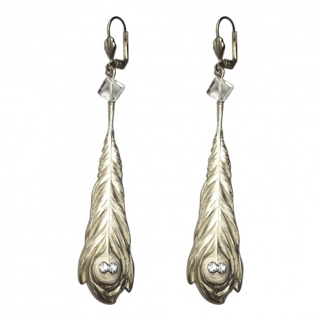 SILVER PLATED FEATHER EARRINGS WITH WHITE STRASS AND ROCK CRYSTAL