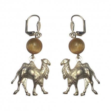 SILVER PLATED CAMEL WITH TIGER EYE STONE EARRINGS