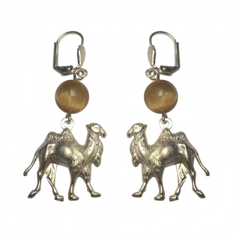 SILVER PLATED CAMEL WITH TIGER EYE STONE EARRINGS