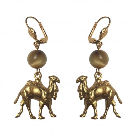 GOLD PLATED CAMEL WITH TIGER EYE STONE EARRINGS