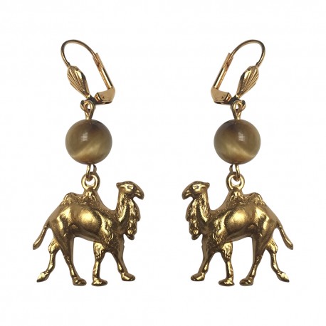 GOLD PLATED CAMEL WITH TIGER EYE STONE EARRINGS