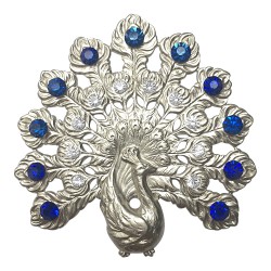 Broche paon strass bleu et blanc argente