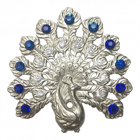 SILVER PLATED PEACOCK WITH WHITE AND BLUE STRASS