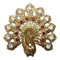 Broche paon strass rouge et blanc doree