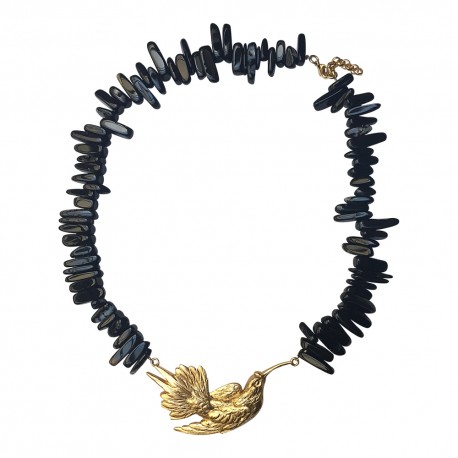 COLLIER OISEAU COLIBRI DORE ONYX NOIR