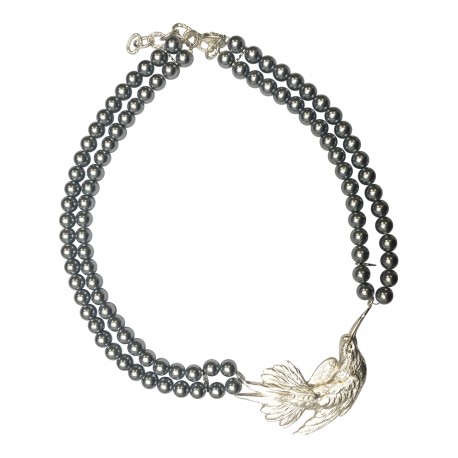 COLLIER OISEAU COLIBRI ARGENTE PERLES GRISES 2 RANGS