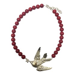 Collier grand oiseau colibri argente gorgone rouge