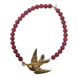 Collier grand oiseau colibri dore gorgone rouge