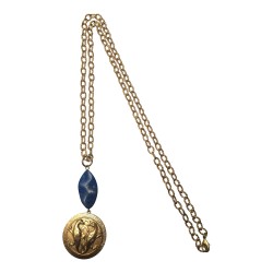 Sautoir long  2 oiseaux dore lapis avec chain