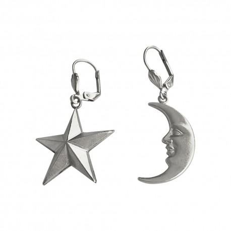 BOUCLES D OREILLES LUNE ET ETOILE ARGENTEES