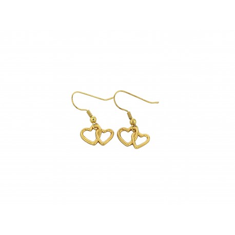 BOUCLES D'OREILLES PENDANTES DOUBLE COEUR DOREES