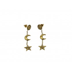 BOUCLES D'OREILLES PENDANTES SOLEIL LUNE ET ETOILE VIEL OR