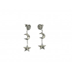 BOUCLES D'OREILLES PENDANTES SOLEIL LUNE ET ETOILE VIEIL ARGENT