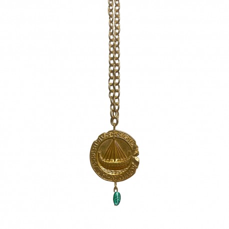 GOLD PLATED PARIS MEDAL PENDENT WITH MALACHITE STONE